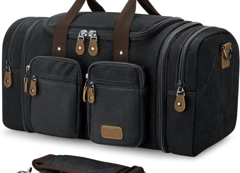Canvas Duffle Bag for Travel, Expandable Water Resistant 50L Carry on Duffel Overnight Weekender Gym Bag with Wet Dry Separation Pocket & Suitcase Handle Sleeve, Dark Grey