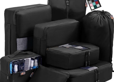 Gorilla Grip 8 Set Packing Cubes, Travel Essentials for Suitcases, Breathable Mesh Organizer Bags for Clothes Toiletries Shoes and Laundry, Luggage and Backpack Carry On Airplane Accessories Black